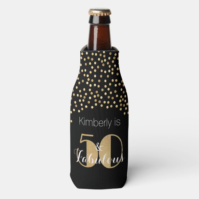 50 and Fabulous Gold Personalised Birthday Party Bottle Cooler (Bottle Front)