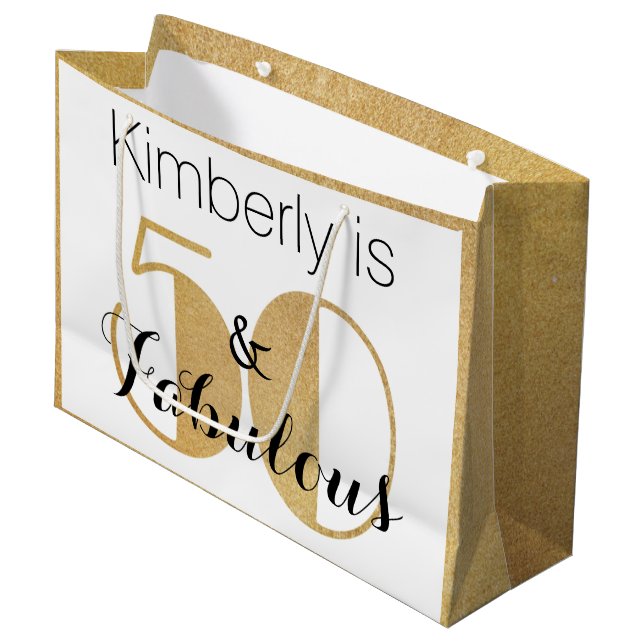50 and Fabulous Gold Personalised Birthday Party Large Gift Bag (Front Angled)