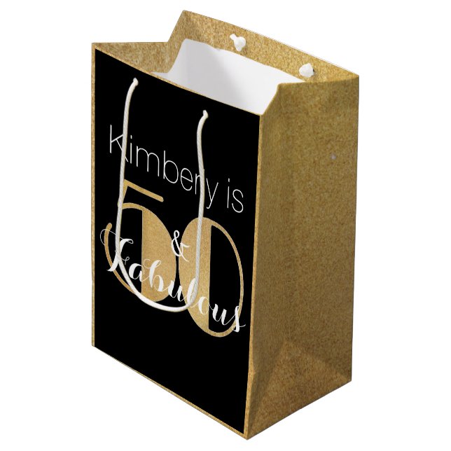 50 and Fabulous Gold Personalised Birthday Party Medium Gift Bag (Front Angled)