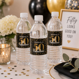 50 and Fabulous Gold Personalised Birthday Party Water Bottle Label