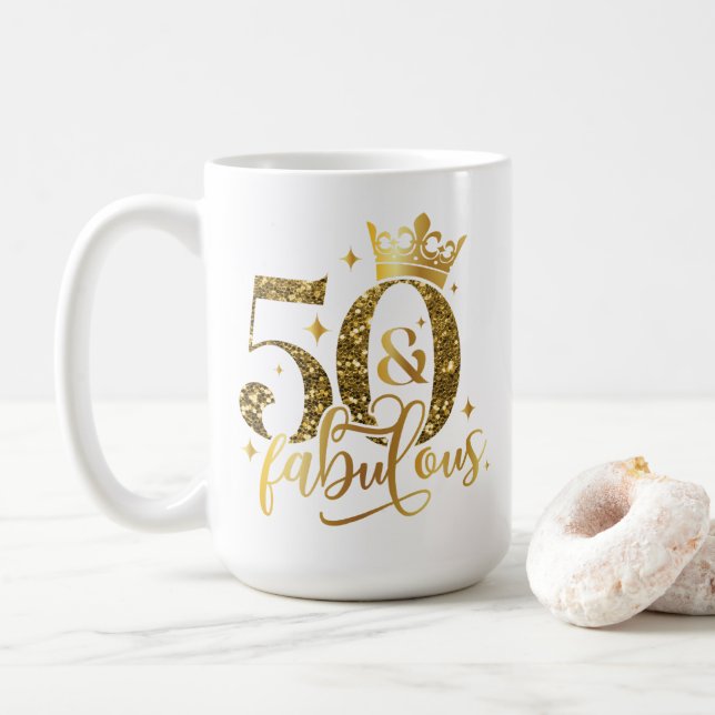 50 and Fabulous Gold Shimmer Birthday Coffee Mug (With Donut)