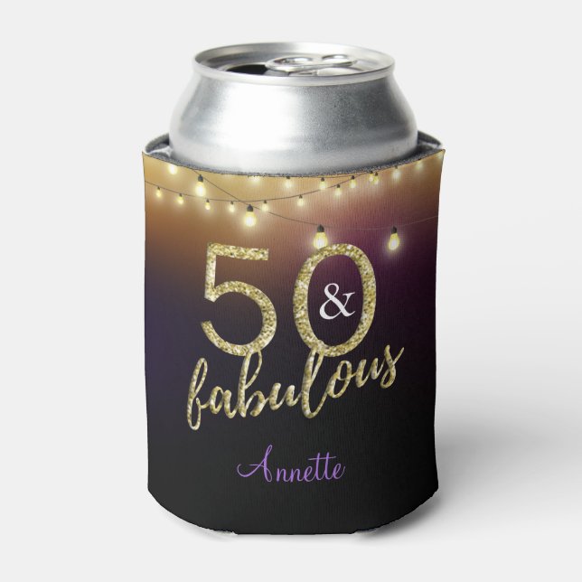 50 and Fabulous Gold Stars Purple Birthday Party Can Cooler (Can Front)