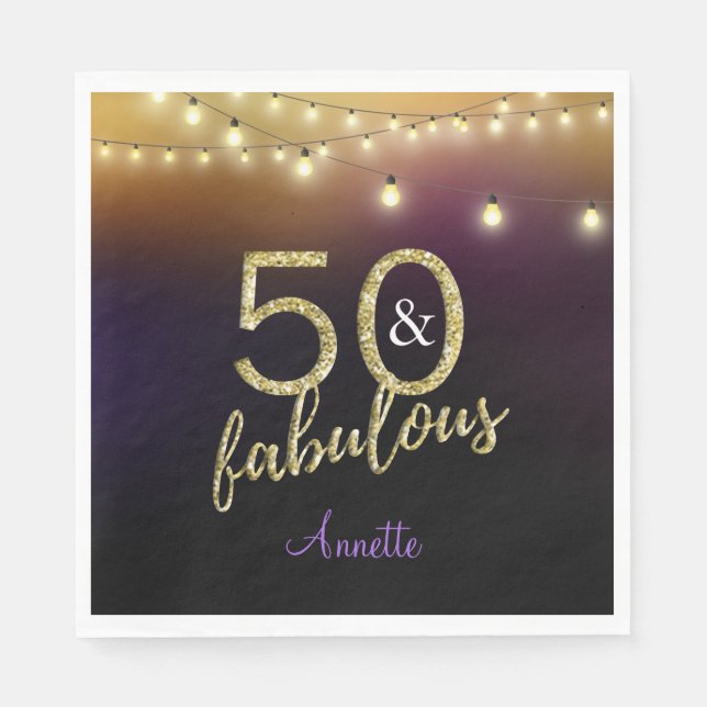 50 and Fabulous Gold Stars Purple Birthday Party Napkin (Front)