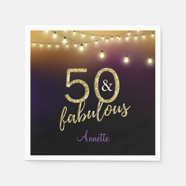 50 and Fabulous Gold Stars Purple Birthday Party Napkin (Front)