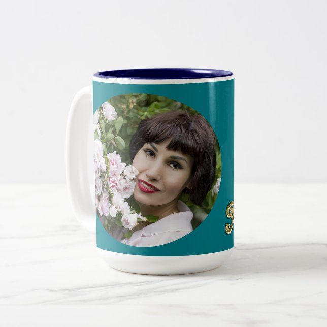 50 and Fabulous Gold Teal Blue Photo Add Name Two-Tone Coffee Mug (Front Left)