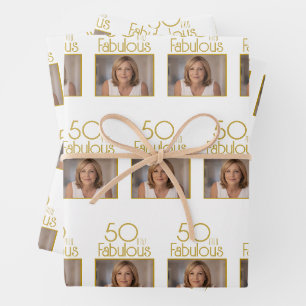 50 and Fabulous Gold White Photo 50th Birthday Wrapping Paper Sheet