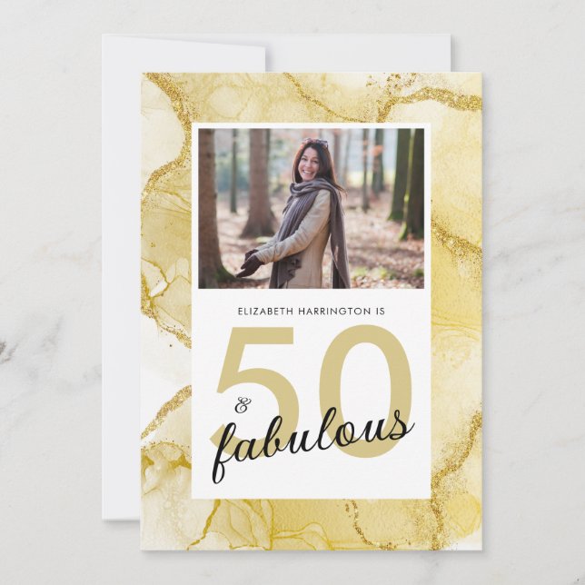 50 And Fabulous Gold White Photo Birthday Invitation (Front)