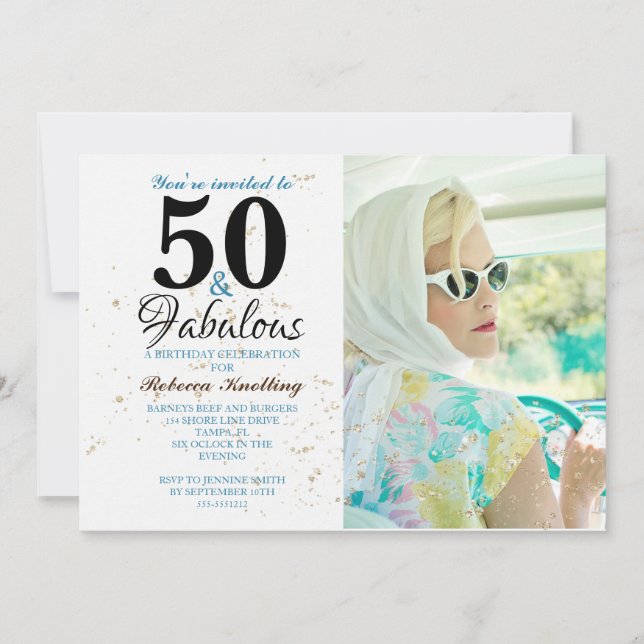50 and Fabulous Golden Birthday Celebration Photo Invitation (Front)