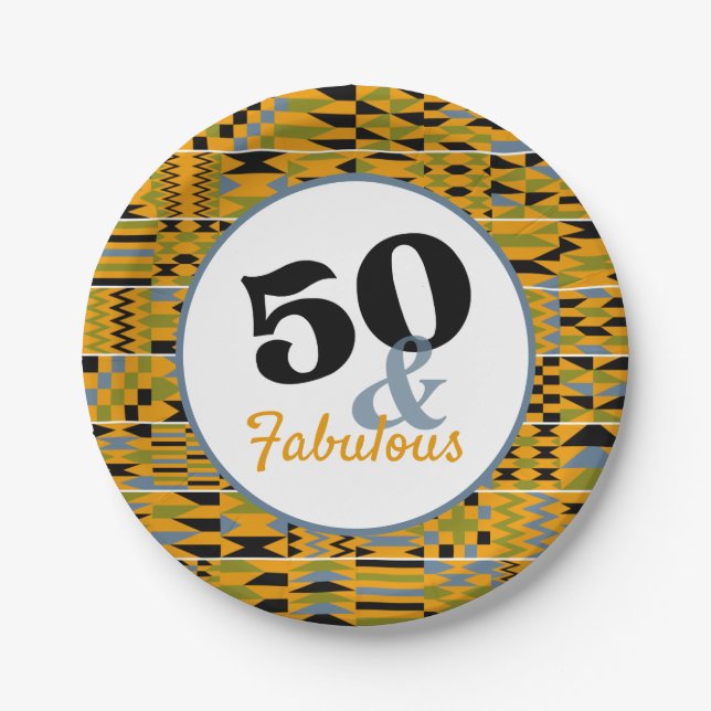 50 and Fabulous Golden Kente Party Paper Plate (Front)