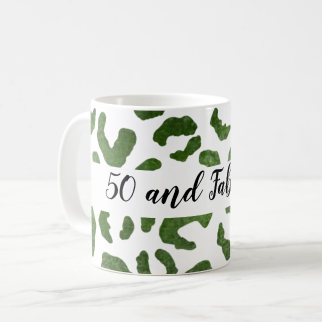 50 and Fabulous Green and White Cheetah Print Coffee Mug (Front Left)