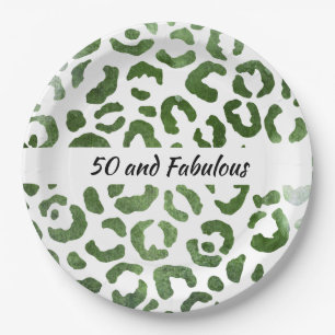 50 and Fabulous Green Cheetah Print Abstract Paper Plate