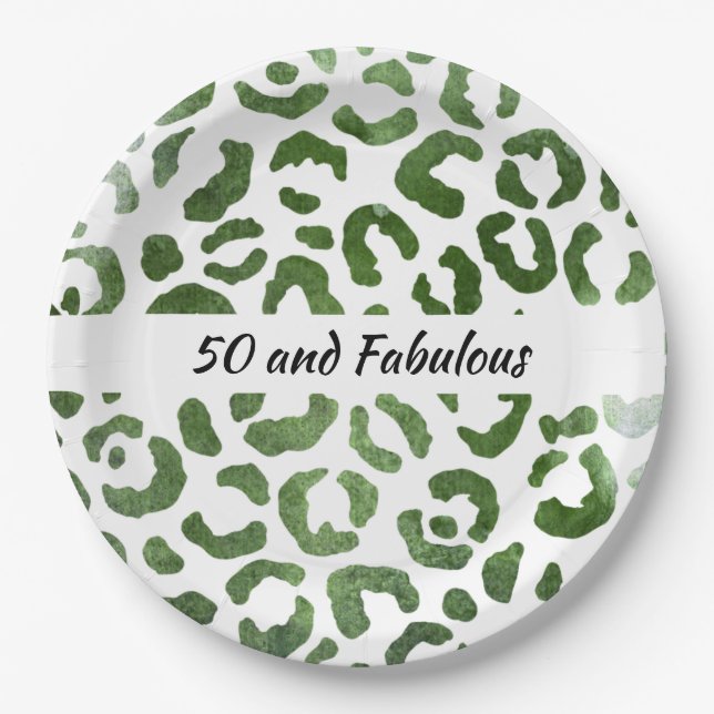 50 and Fabulous Green Cheetah Print Abstract Paper Plate (Front)