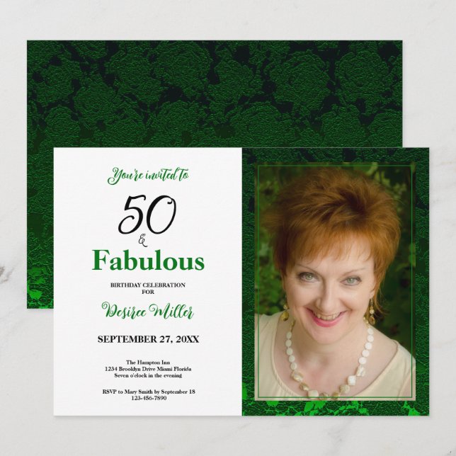 50 And Fabulous Green Floral Birthday Invitation (Front/Back)