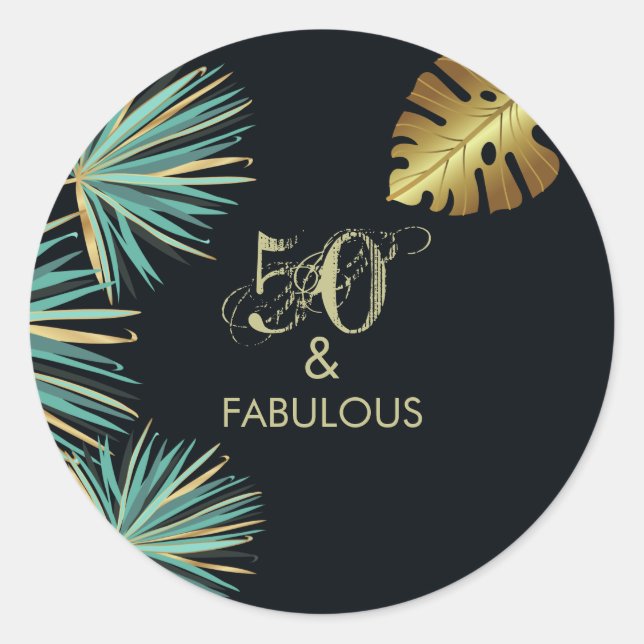 50 and Fabulous Green Gold Leaves Birthday Party Classic Round Sticker (Front)