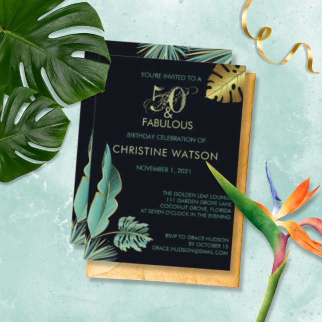50 and Fabulous Green Gold Leaves Birthday Party Invitation (Creator Uploaded)