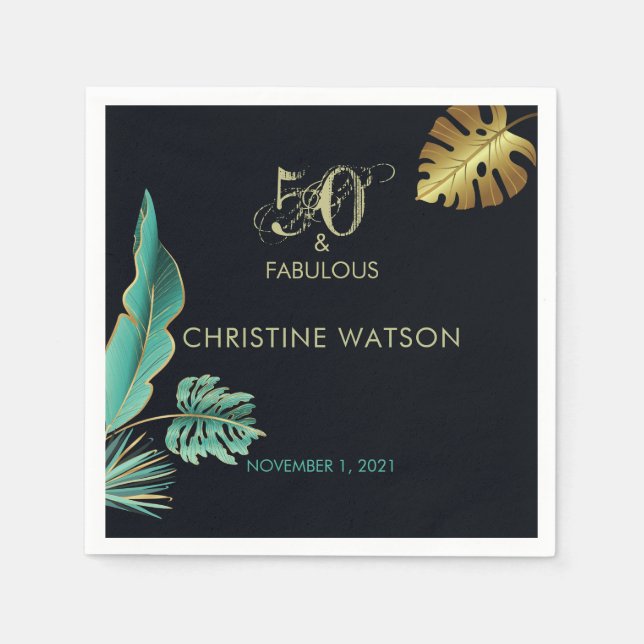 50 and Fabulous Green Gold Leaves Birthday Party Napkin (Front)
