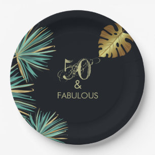 50 and Fabulous Green Gold Leaves Birthday Party Paper Plate