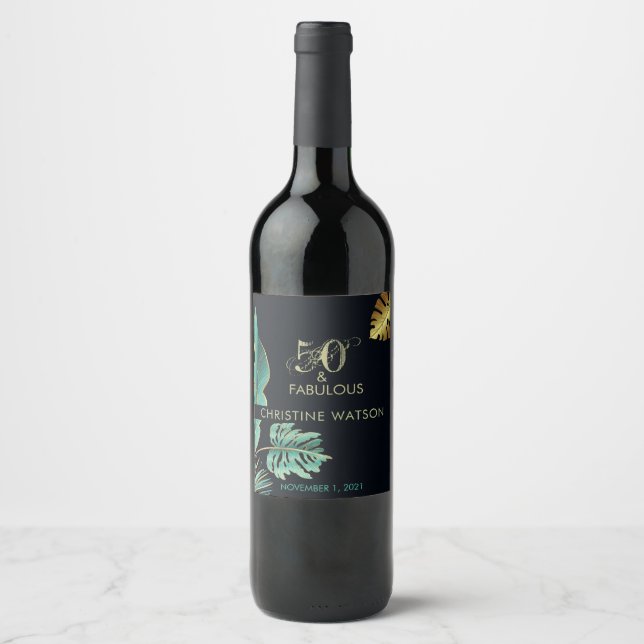 50 and Fabulous Green Gold Leaves Birthday Party Wine Label (Front)