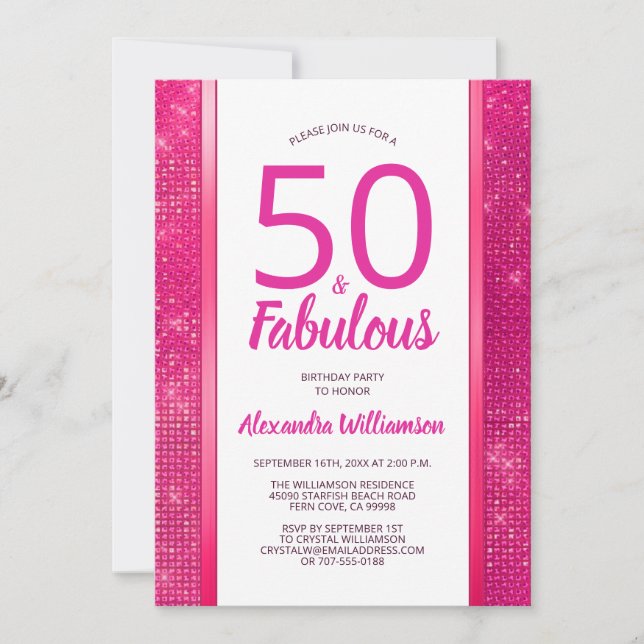 50 and Fabulous Hot Pink Glam 50th Birthday Party Invitation (Front)