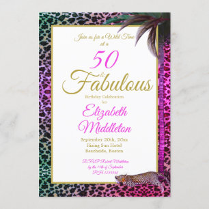 50 and Fabulous Leopard Purple Palm Wild Birthday Invitation