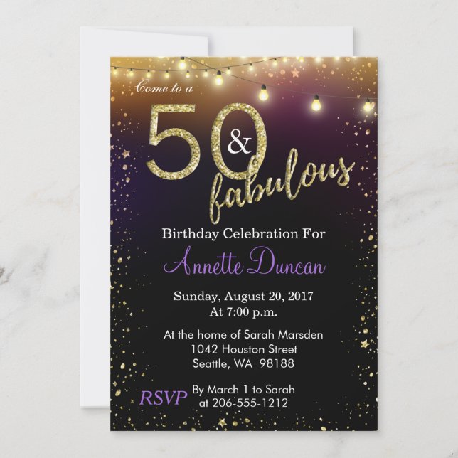 50 and Fabulous Lights and Stars Birthday Party Invitation (Front)