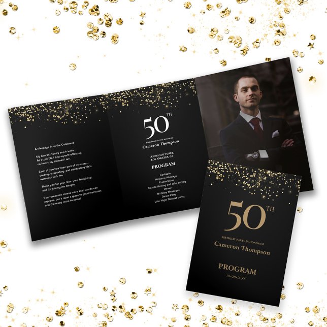 50 and fabulous Male Birthday Program with photo Tri-Fold Card (Custom 50th birthday program trifold with message, schedule and photo keepsake.)