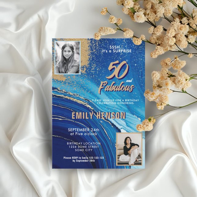 50 and Fabulous Marble Glitter 2 Photo Birthday Invitation (Creator Uploaded)