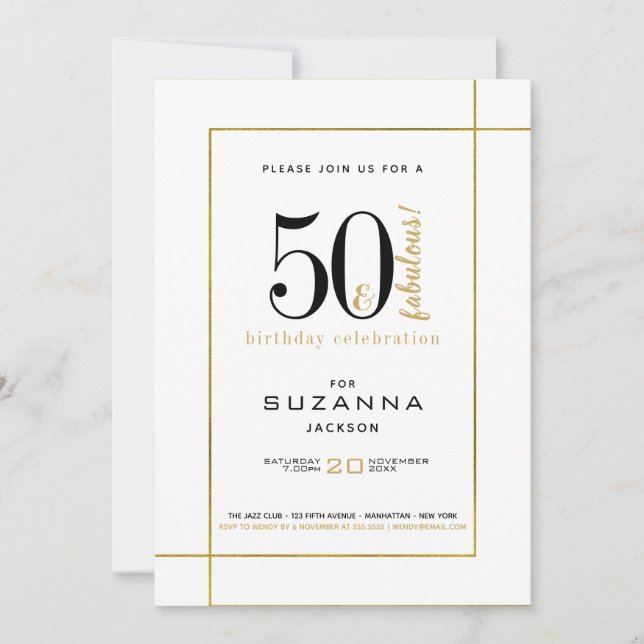 50 and Fabulous Modern Black and Gold Birthday Invitation (Front)