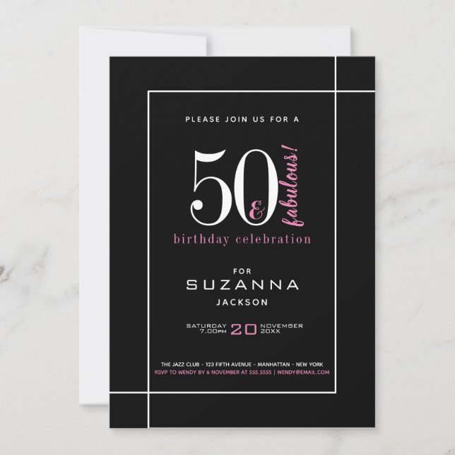 50 and Fabulous Modern Black and Pink Birthday Invitation (Front)