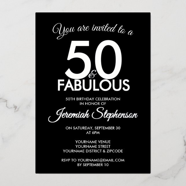 50 and Fabulous Modern Black Silver 50th Birthday (Front)