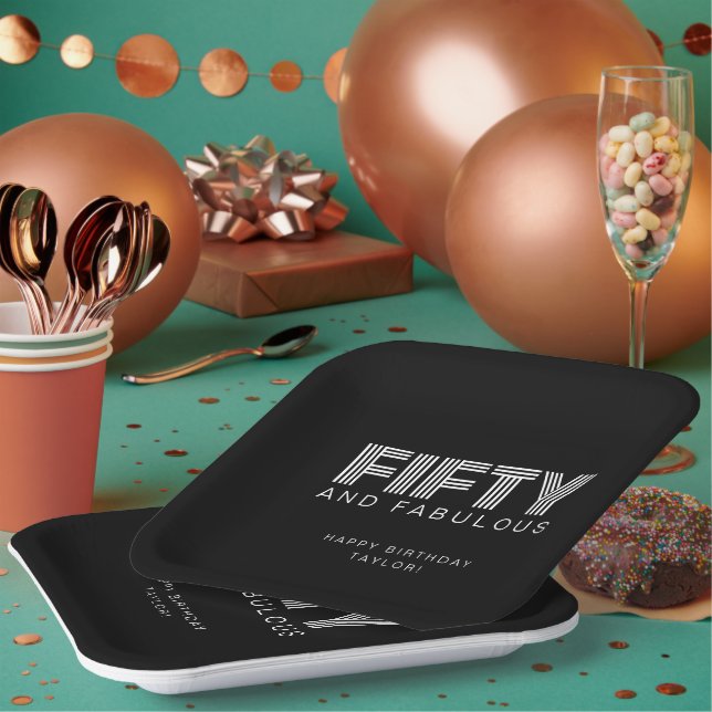 50 and Fabulous Modern Black White Birthday Party Paper Plate (Multi)