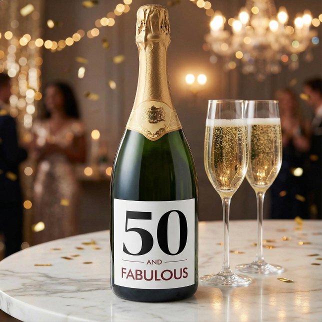 50 And Fabulous Modern Cherry Wine Birthday Saying Sparkling Wine Label (Creator Uploaded)