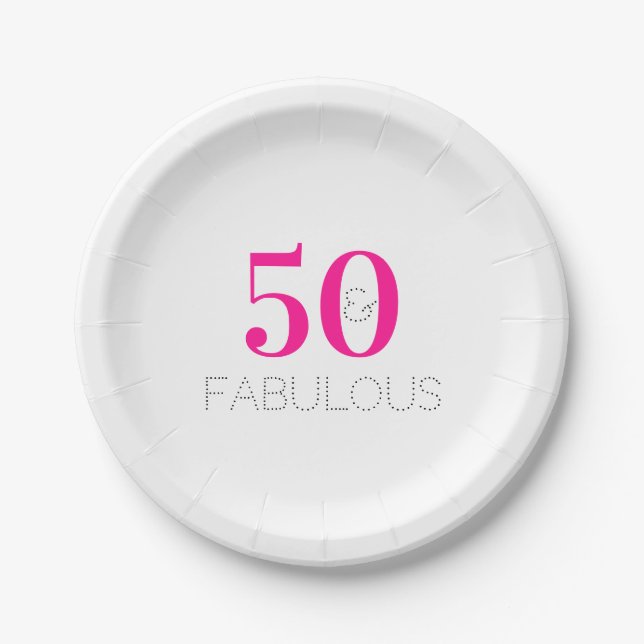 50 and fabulous Modern Hot Pink 50th Birthday Paper Plate (Front)