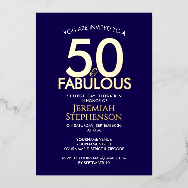 50 and Fabulous Modern Navy Gold 50th Birthday (Front)