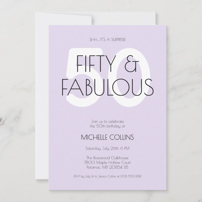 50 and fabulous Modern Purple Fifty Birthday Party Invitation (Front)