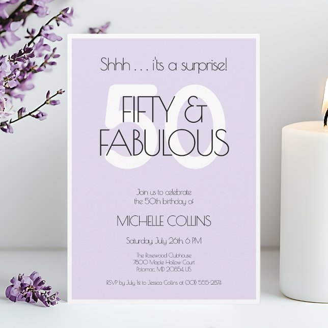50 and fabulous Modern Purple Fifty Birthday Party Invitation (50 and fabulous Modern Purple Fifty Birthday Party Invitation for Her)