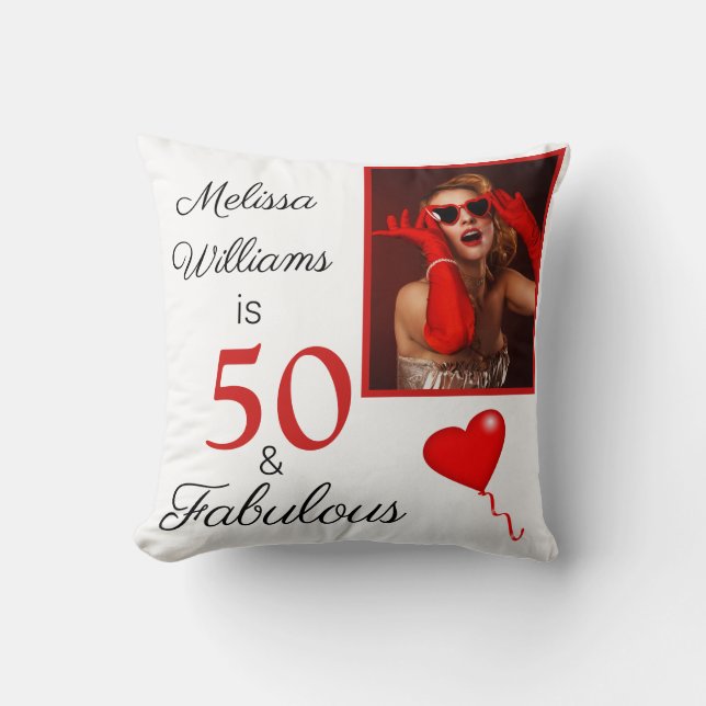 50 and Fabulous Name and Photo Red 50th Birthday Cushion (Front)