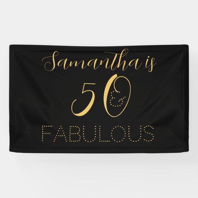 50 and fabulous Name Black Gold Birthday Party Banner (Horizontal)