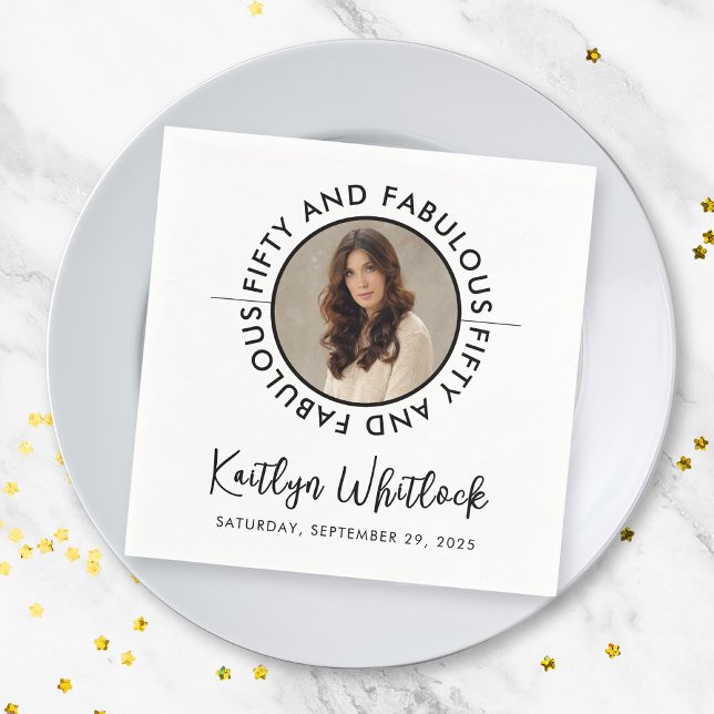 50 and Fabulous Name Date 50th Birthday Party Napkin (black and white 50 and fabulous bold 50th birthday party napkins for elegant name date details)