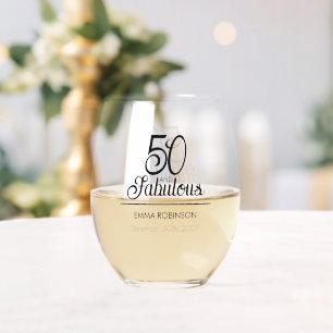 50 and Fabulous Name Date 50th Birthday Party Stemless Wine Glass