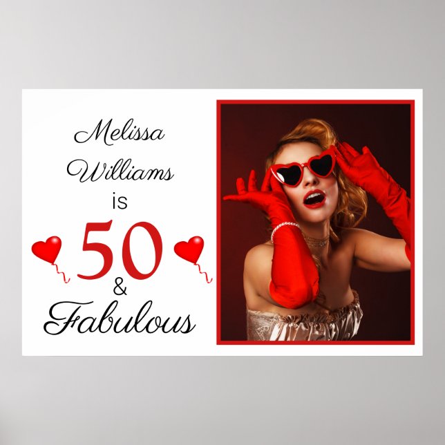 50 and Fabulous Name Large Photo Red 50th Birthday Poster (Front)