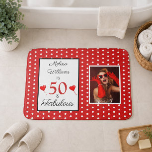 50 and Fabulous Name Photo 50th Birthday WH Red Bath Mat