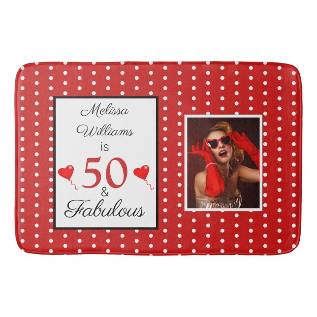 50 and Fabulous Name Photo 50th Birthday WH Red Bath Mat (Front)
