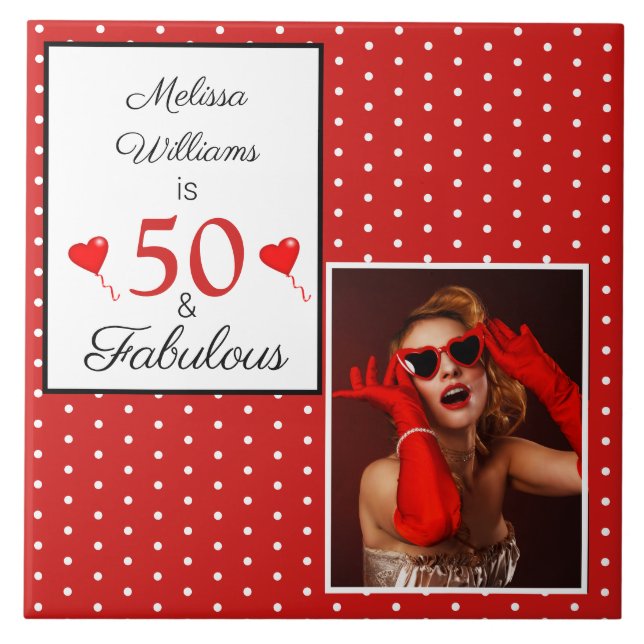 50 and Fabulous Name Photo 50th Birthday WH Red Tile (Front)