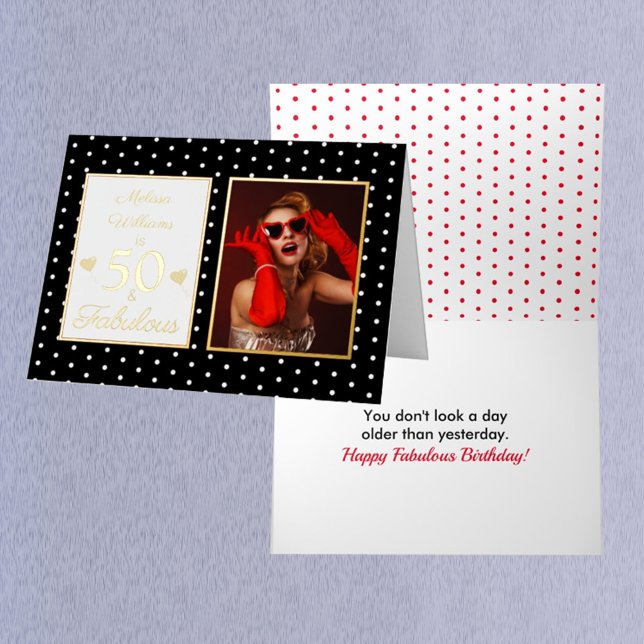 50 and Fabulous Name Photo Black White Birthday  Foil Greeting Card (Creator Uploaded)