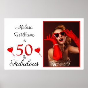 50 and Fabulous Name Photo Red 50th Birthday Small Poster
