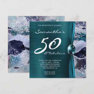 50 and Fabulous Ocean Blue Teal Agate Birthday Invitation