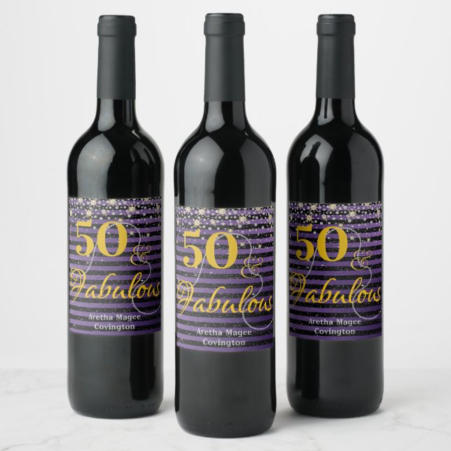 50 and Fabulous Pearls Diamonds Purple Birthday Wine Label (Bottles)