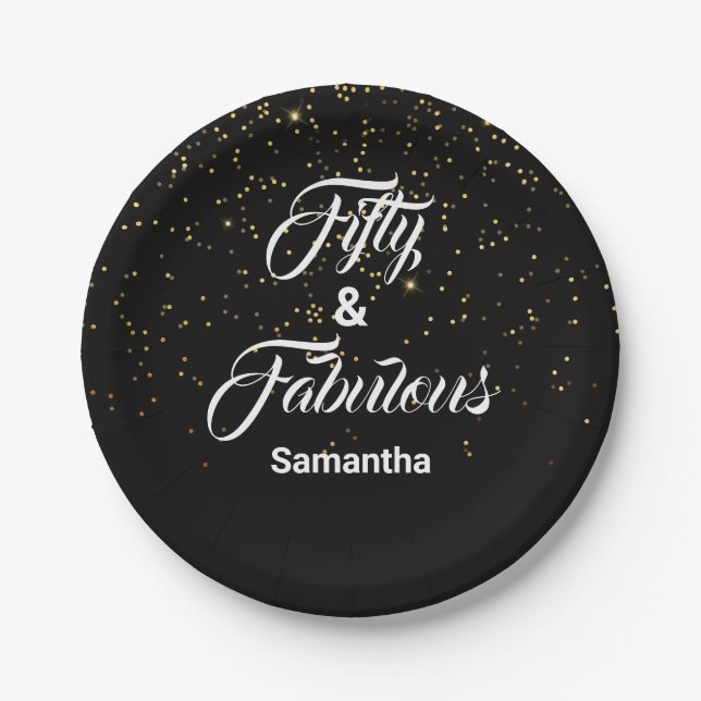 50 and Fabulous Personalised Gold Glitter Black Paper Plate (Front)