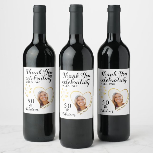 50 and Fabulous Photo Birthday White Thank You Wine Label (Bottles)